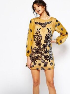 For Love & Lemons Sierra Mustard Mini Dress with Black Floral Embroidery